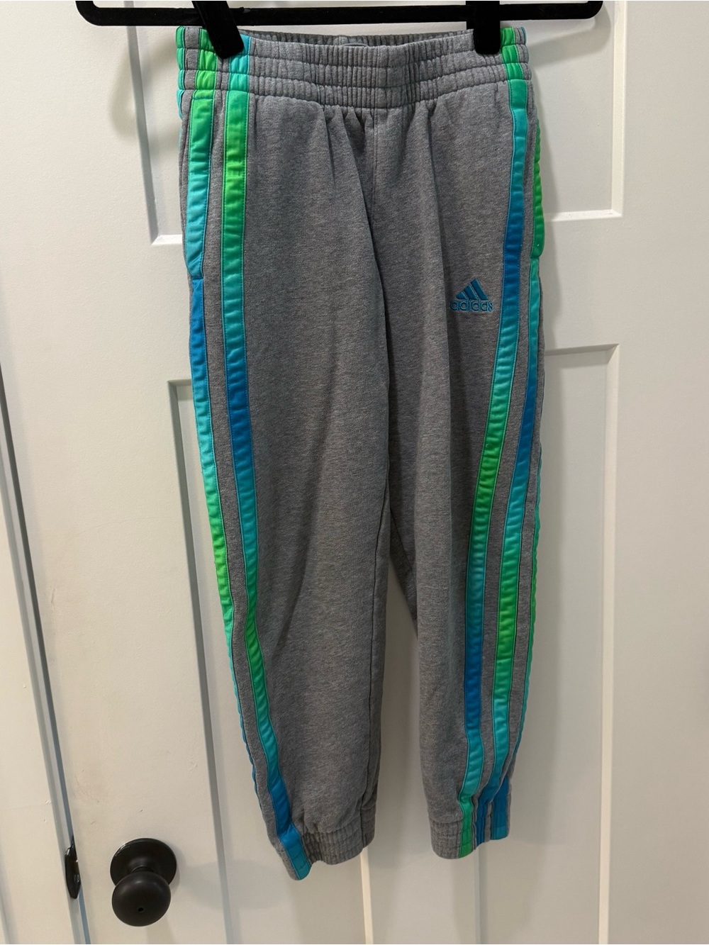 Adidas Kids' Gray Sweatpants with Blue & Green Stripe Details Medium 10-12